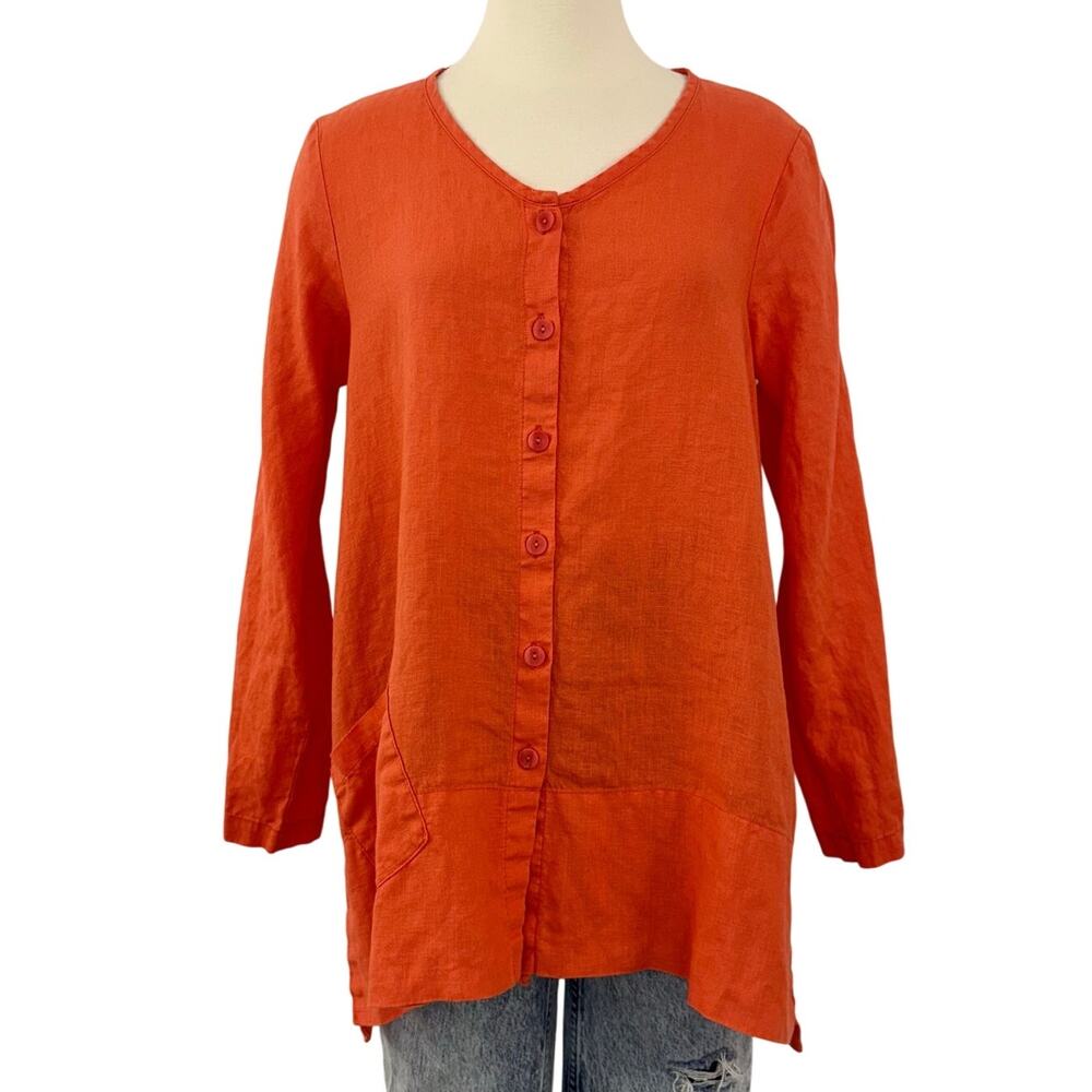 FLAX Linen Button-Up Long Sleeve Tunic Blouse Top Orange | Size: P